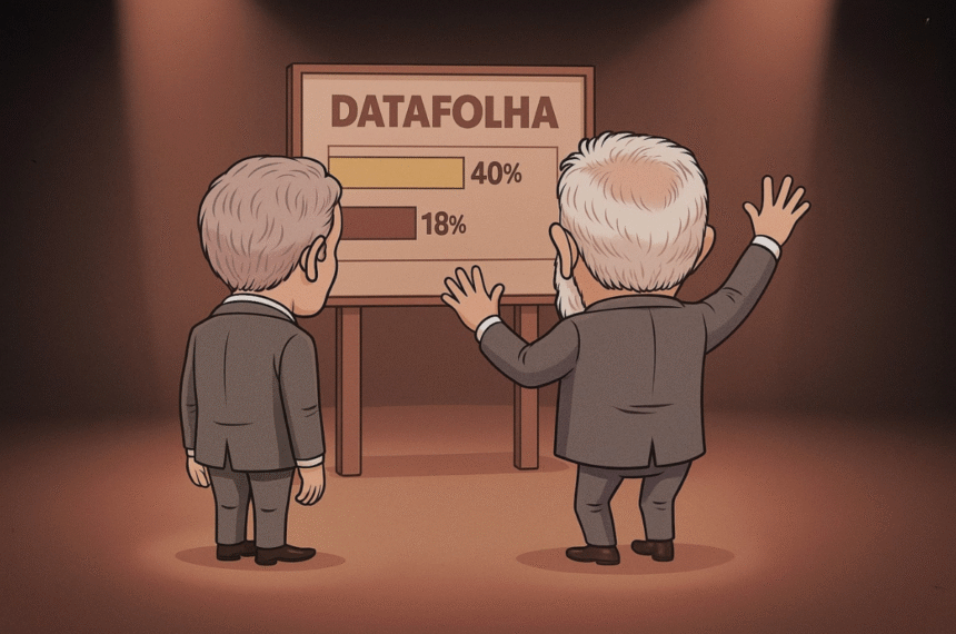 Lula e Tarcísio vistos de costas diante do painel do Datafolha, observando as porcentagens de 40% e 18% sob iluminação de palco, em tom político e cômico.
