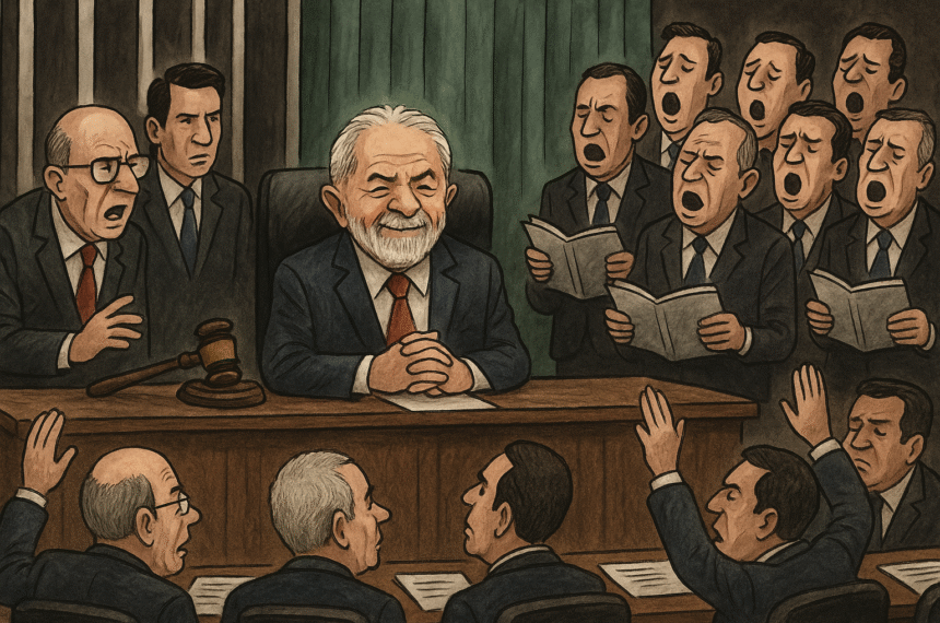 Lula aparece como chefe da CPI, sentado ao centro e sorrindo, enquanto políticos ao redor cantam e debatem em tom teatral.