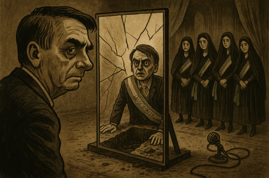 Caricatura editorial vintage de Jair Bolsonaro diante do próprio reflexo e de sua sepultura — direita órfã.