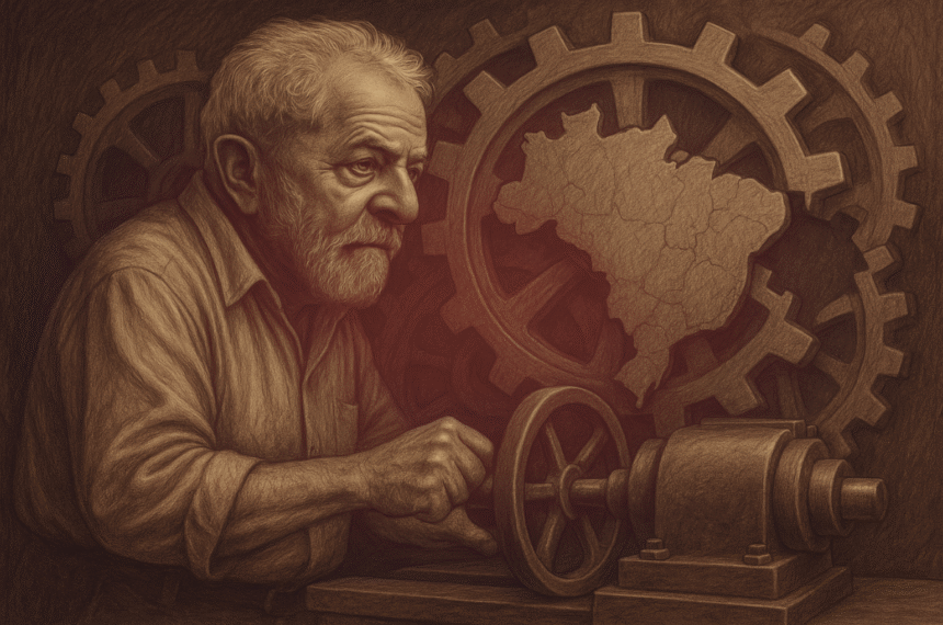 Desenho em carvão de Lula idoso operando máquina com engrenagens quebradas em forma de mapa do Brasil.