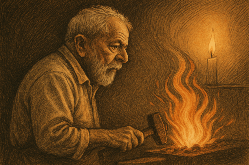 Caricatura editorial vintage de Lula diante de uma forja iluminada por vela.
