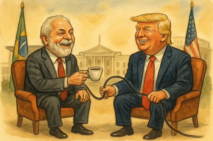 Lula e Donald Trump sentados lado a lado em poltronas vintage, trocando sorrisos. Lula oferece um cafezinho, enquanto Trump segura um cabo de internet que conecta simbolicamente os dois. Ao fundo, elementos da Casa Branca e do Palácio do Planalto se misturam, em tom cômico e político.