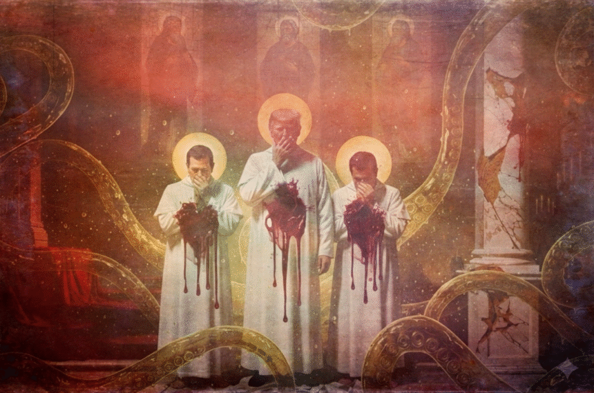 Caso Epstein exposto na figura de Trump, Epstein e Bolsonaro vestindo túnicas com halos e ferimentos sangrentos em templo antigo com tentáculos ao redor.