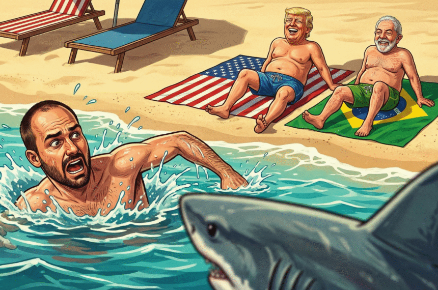Caricatura mostrando Eduardo Bolsonaro apavorado no mar diante de um tubarão em primeiro plano, enquanto Trump e Lula, sentados na areia sobre toalhas dos EUA e do Brasil, observam a cena rindo.