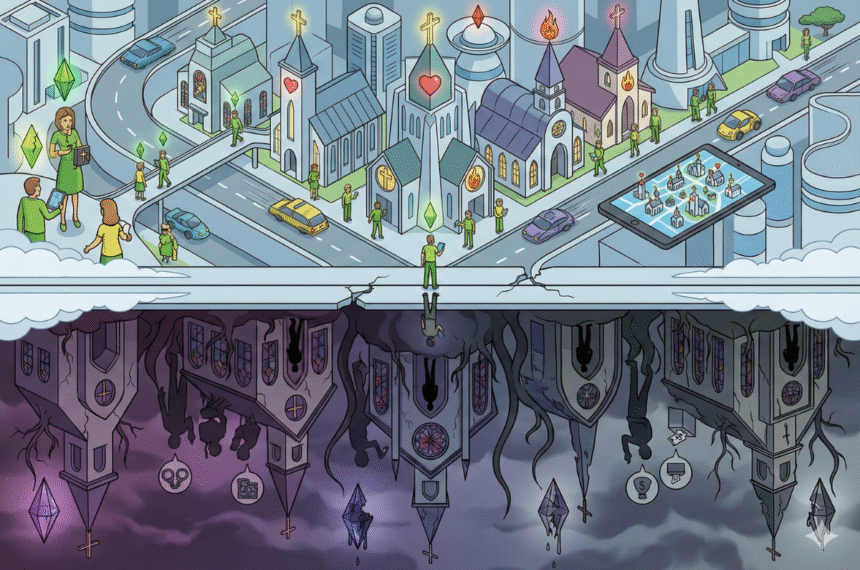 Cidade futurista com igrejas em estilo The Sims, espelhada num mundo invertido sombrio, simbolizando a geografia moral suspensa do Brasil contemporâneo.