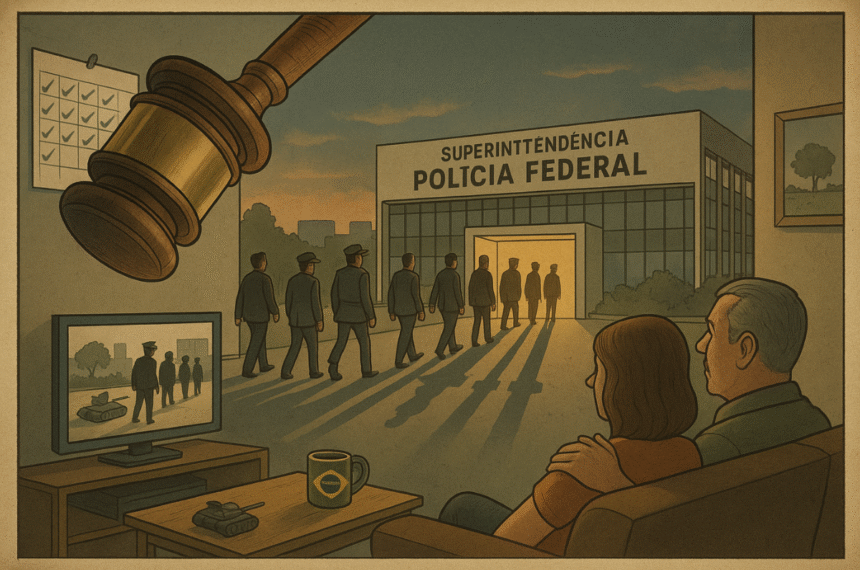 Detalhe do martelo da Justiça sobre Brasília em colapso institucional.