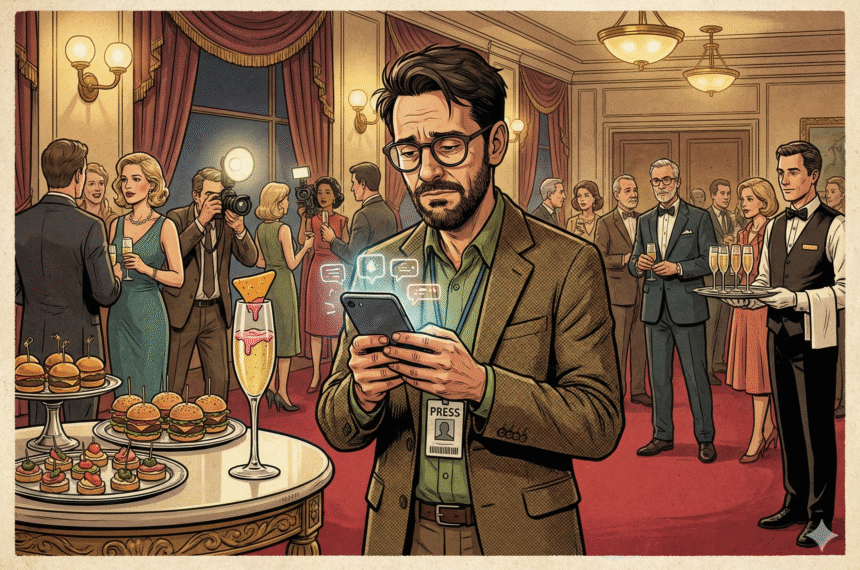 Caricatura editorial vintage de repórter com credencial “PRESS” olhando o celular num coquetel de elite, com convidados e bandejas ao fundo.