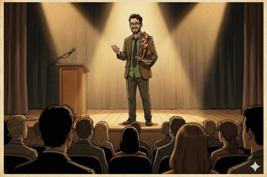 Jornalista premiado aparece de corpo inteiro em um palco iluminado, segurando o troféu de lobo MELHOR JORNALISTA enquanto discursa nervoso diante da plateia, cena ligada à crônica prêmio de melhor jornalista.