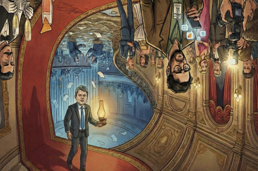 Salão VIP dobrado estilo Inception de um vórtex VIP no Congresso alagado ao fundo, jornalista invertido no celular e Tarcísio segurando uma lamparina.