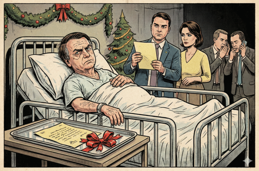 Caricatura vintage de Bolsonaro algemado na cama enquanto Flávio lê uma carta no hospital.