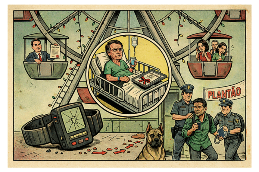 Caricatura vintage em roda-gigante com hospital, tornozeleira gigante, cachorro e cena de captura.