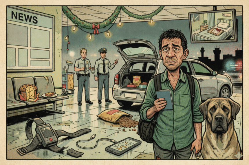 Caricatura vintage de suspeito no aeroporto com tornozeleira rompida, ração derramada e cachorro ao lado.