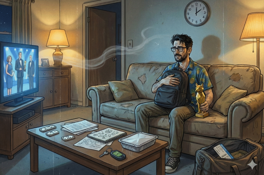 Homem cansado no sofá segura prêmio após viagem desgastante.