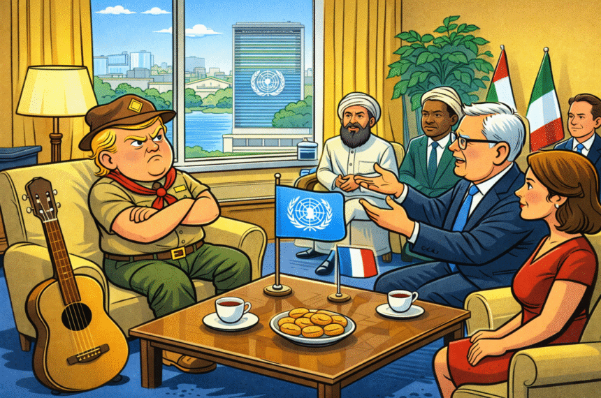 Caricatura em sala de negociação com símbolo da ONU: garoto emburrado, braços cruzados, enquanto diplomatas tentam dialogar em um ambiente de cúpula internacional.