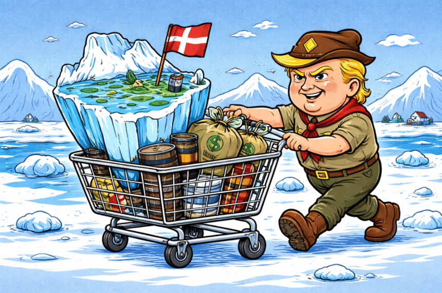 Ilustração editorial: garoto com chapéu de explorador empurra carrinho cheio de dinheiro e barris, carregando um iceberg com bandeira da Dinamarca, em cenário polar.