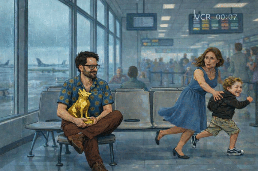 Pai observa o filho em aeroporto segurando prêmio dourado.