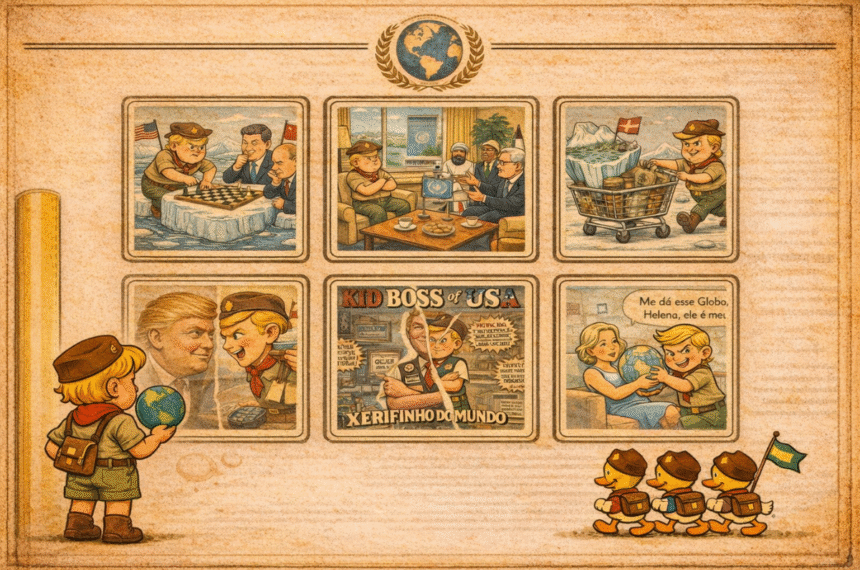 Contracapa vintage com menino escoteiro, patinhos e seis quadros de charges políticas em molduras, estilo papel envelhecido.