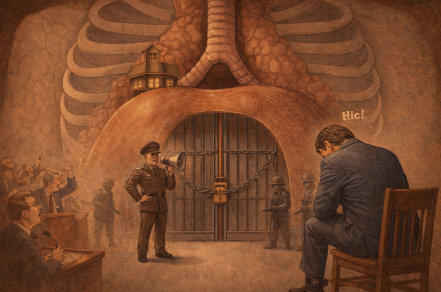 Ilustração metafórica mostra o diafragma como autoridade que bloqueia o ar e interrompe o discurso humano.