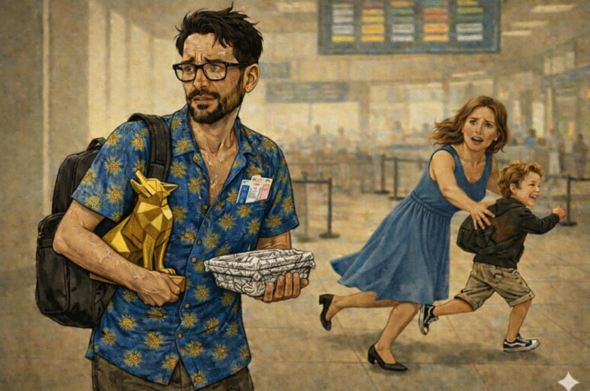 Família em aeroporto com pai segurando prêmio em meio à tensão.