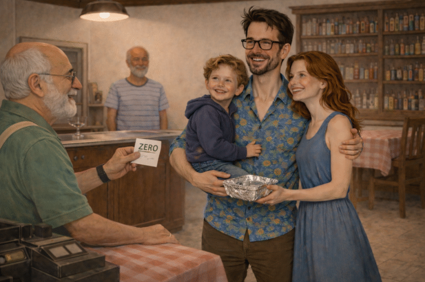 Dono da cantina entrega conta zero para família sorridente.