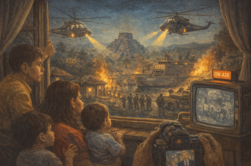 Ilustração editorial de família observando intervenção militar pela janela.