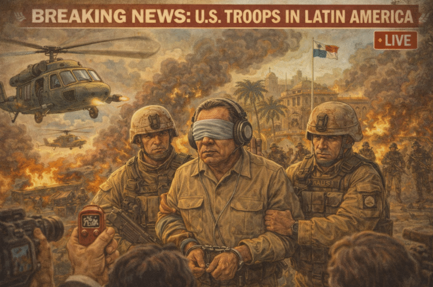 Ilustração editorial da captura de Noriega durante intervenção americana.