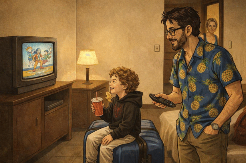 Pai e filho assistem TV em quarto de hotel.