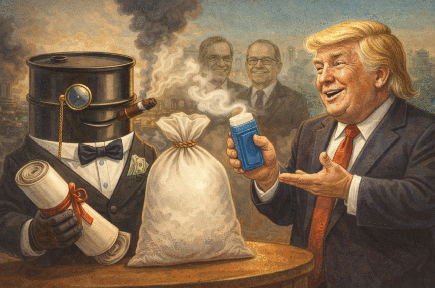 Ilustração editorial simbolizando petróleo como motor de conflito geopolítico.