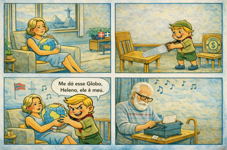 Quadrinho em quatro quadros: mulher segura um globo; garoto tenta tomar o globo e serra uma cadeira escrita “ALLIANCE”; ao final, idoso digita em máquina, com notas musicais.