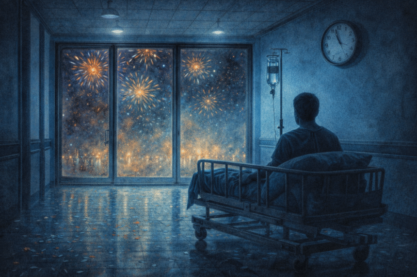 Corredor de hospital azulado e frio; paciente na maca olha fogos coloridos pela janela na virada do ano.