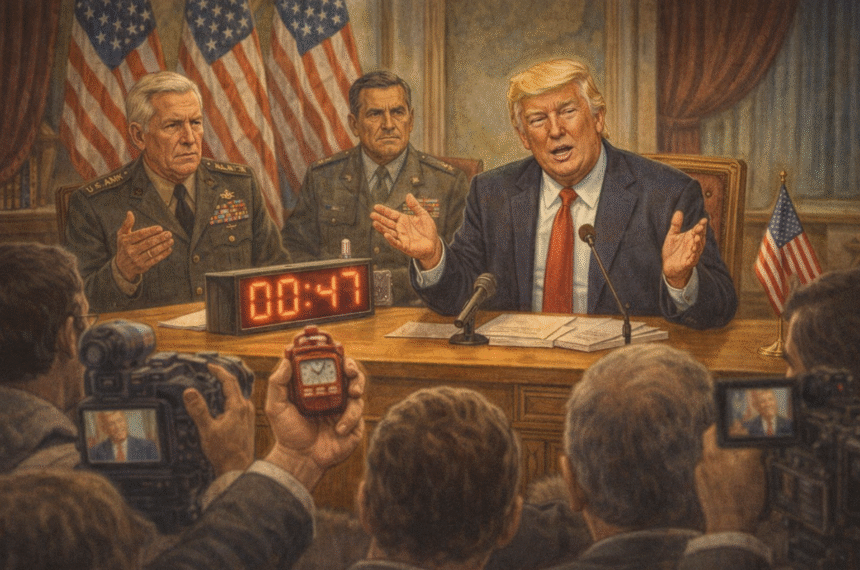 Ilustração editorial de Trump em coletiva militar com cronômetro visível.