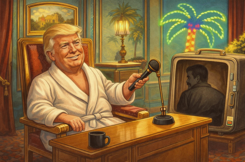 Ilustração editorial de Trump em talk show político surreal.