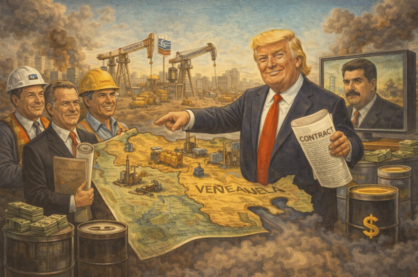 Ilustração editorial de Trump apresentando contratos de petróleo sobre mapa da Venezuela.