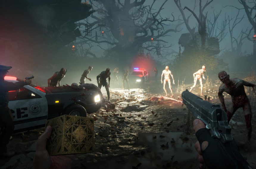 Cena de combate com criaturas e viaturas, atmosfera caótica.