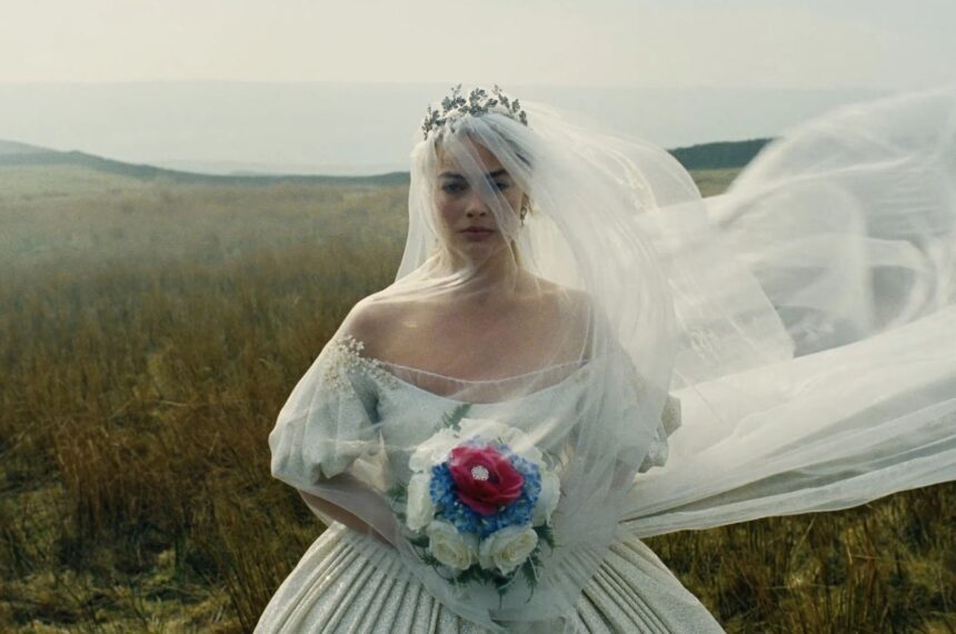 O Morro dos Ventos Uivantes (2026): noiva de vestido branco no campo, com véu ao vento e buquê colorido, em clima melancólico e gótico.