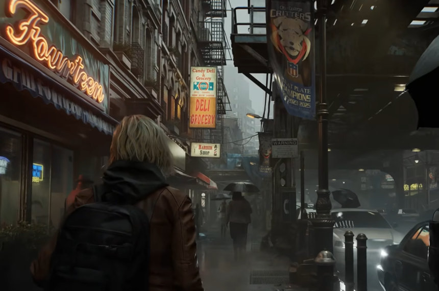 Grace de Resident Evil Requiem em cenário urbano frio e nebuloso.