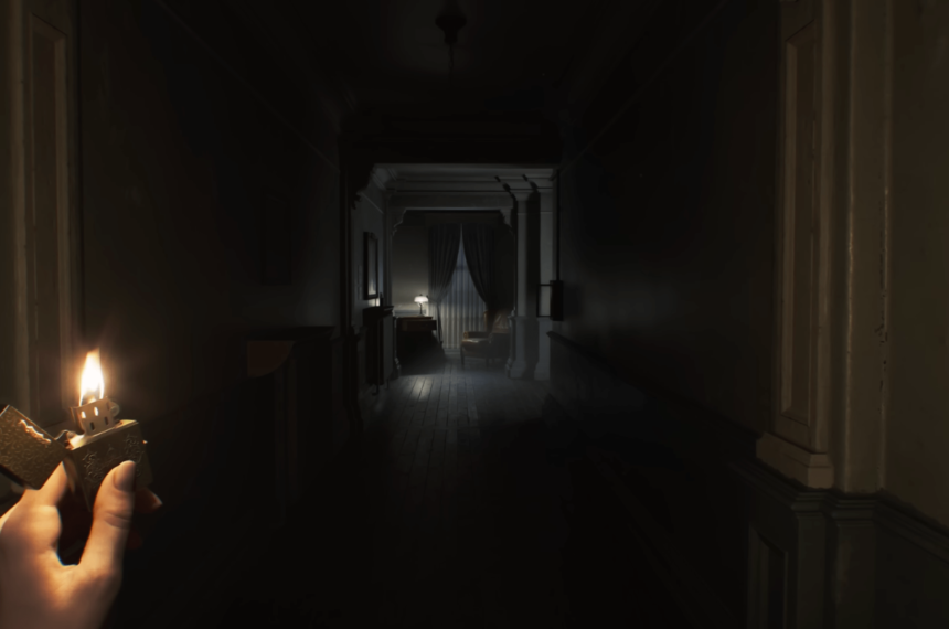 Corredor escuro iluminado por isqueiro em Resident Evil Requiem.