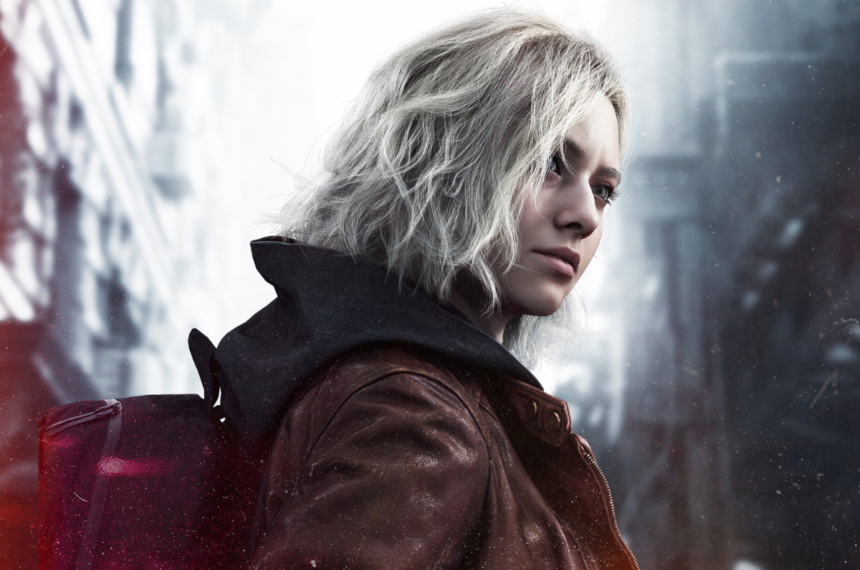 Grace de Resident Evil Requiem em cenário urbano frio e nebuloso.