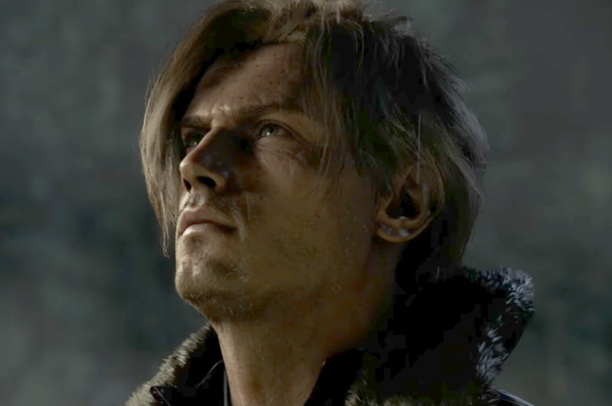Close em Leon S. Kennedy em Resident Evil Requiem com expressão tensa e iluminação dramática.