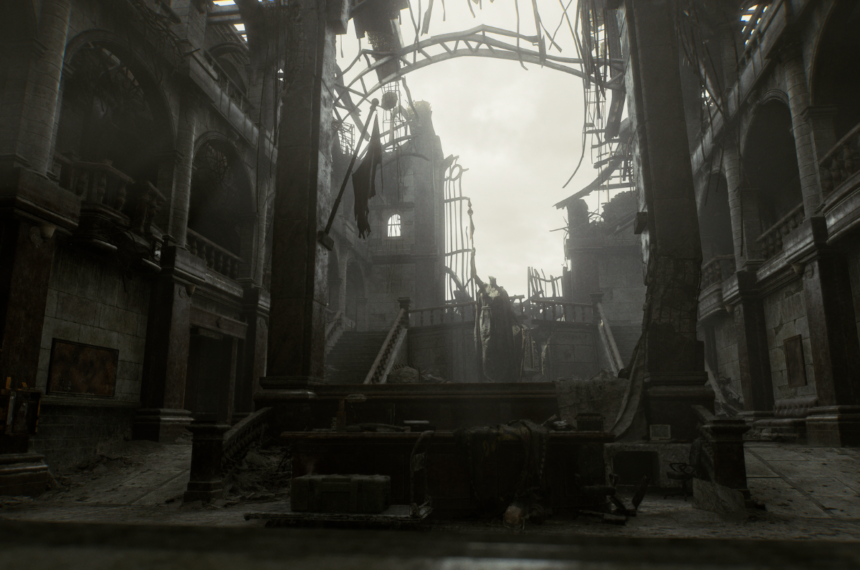 Salão monumental do RPD destruído em cenário sombrio de Resident Evil Requiem.