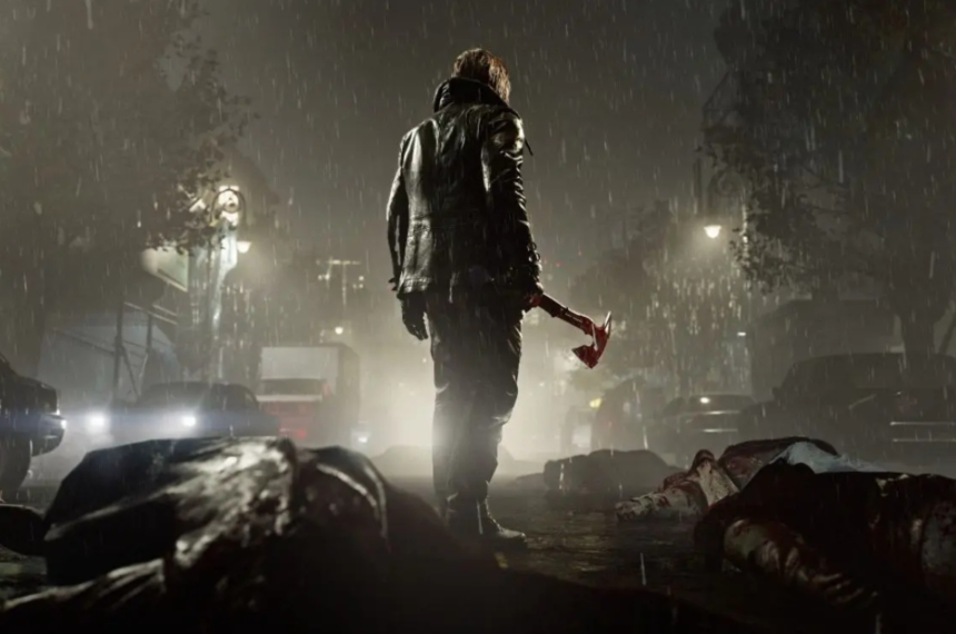 Personagem caminha sob chuva segurando machado em Resident Evil Requiem.