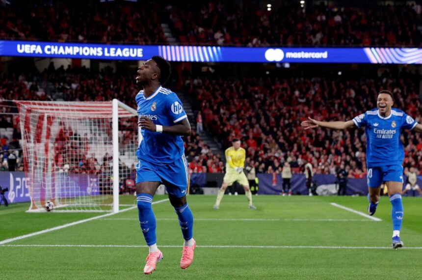Vinícius Júnior em comemoração de gol pela Champions League, na última terça - Reprodução/TNT Sports