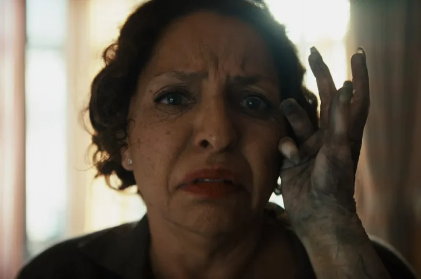 Mulher com expressão de pavor extremo enquanto uma mão acinzentada e em decomposição toca seu rosto em cena de A Maldição da Múmia (2026).