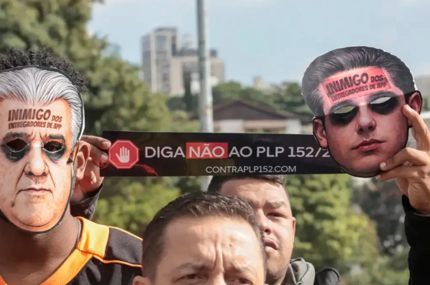 Motoristas de app e motoboys de delivery fazem manifestação contra o PL 152