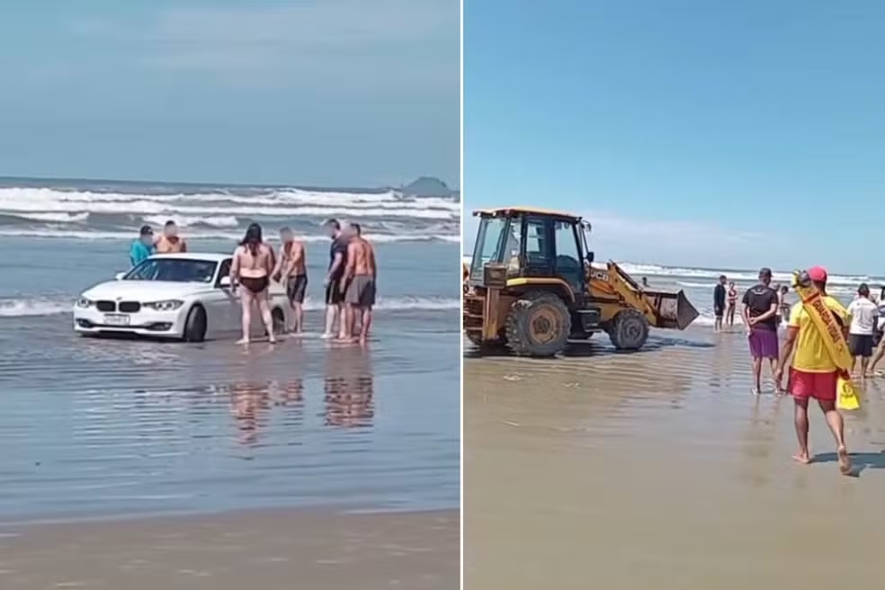 Veículo fica atolado na faixa de areia em Bertioga