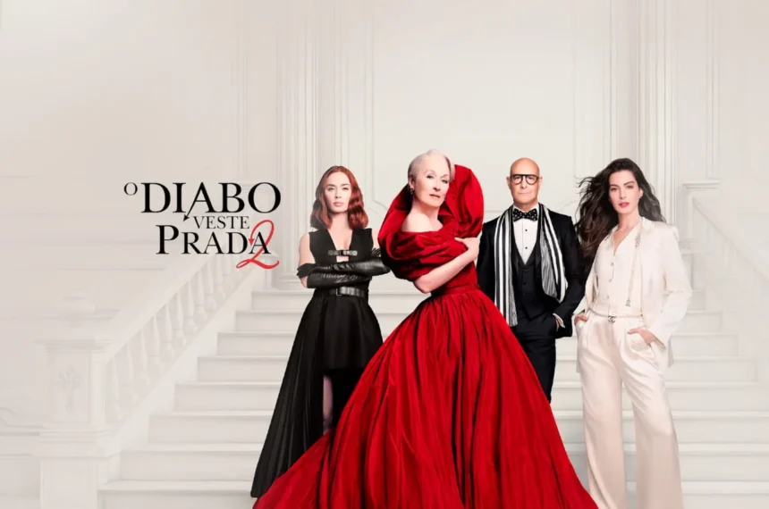 Pôster oficial de "O Diabo Veste Prada 2" com Emily Blunt em um vestido preto, Meryl Streep em um volumoso vestido vermelho, Stanley Tucci em um smoking com cachecol listrado e Anne Hathaway em um terno branco, todos posicionados em uma escadaria branca. CineSesc