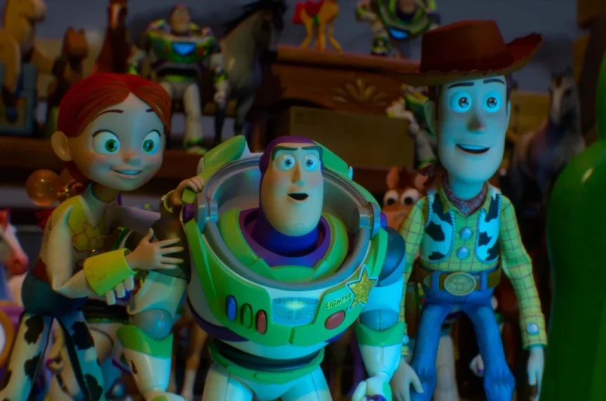 Close nos rostos de Jessie, Buzz e Woody iluminados por uma forte luz azul em um ambiente escuro.