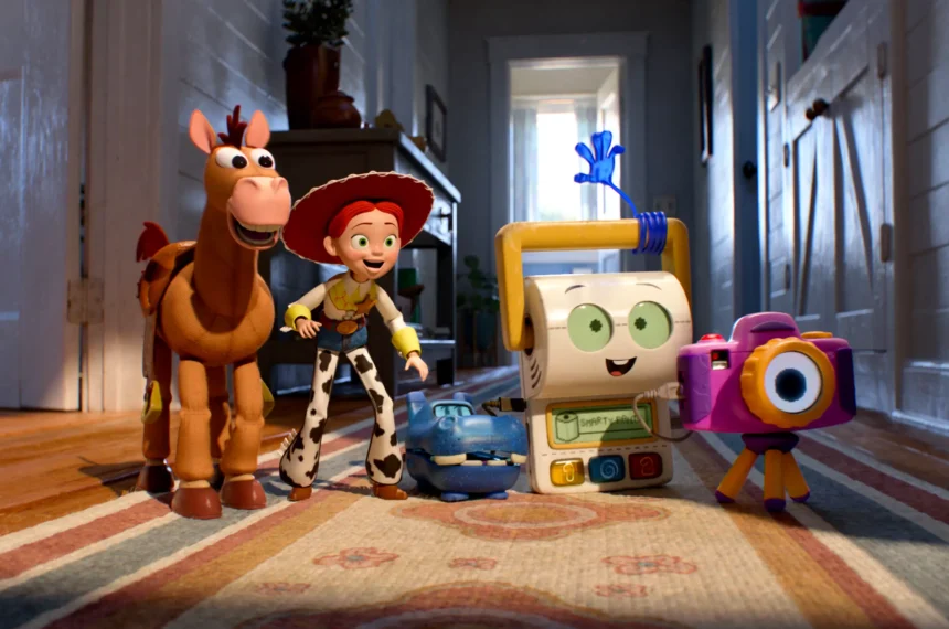 Jessie e Bala no Alvo encaram três velhos brinquedos eletrônicos descartados no chão.
