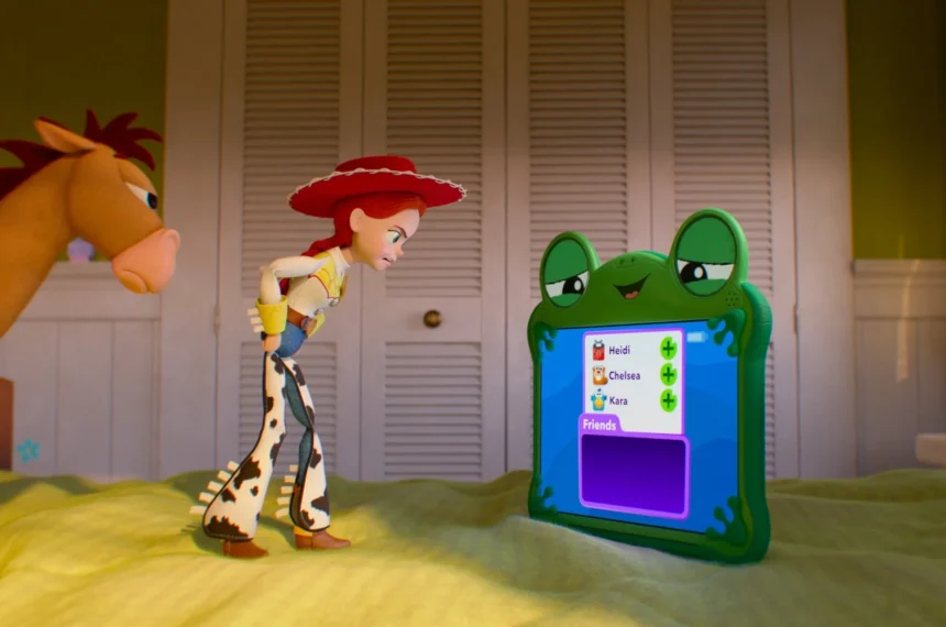 A vaqueira Jessie, curvada e com expressão de irritação, encara de frente o tablet verde Lilypad, que exibe uma lista de amigos virtuais em sua tela luminosa sobre a cama.