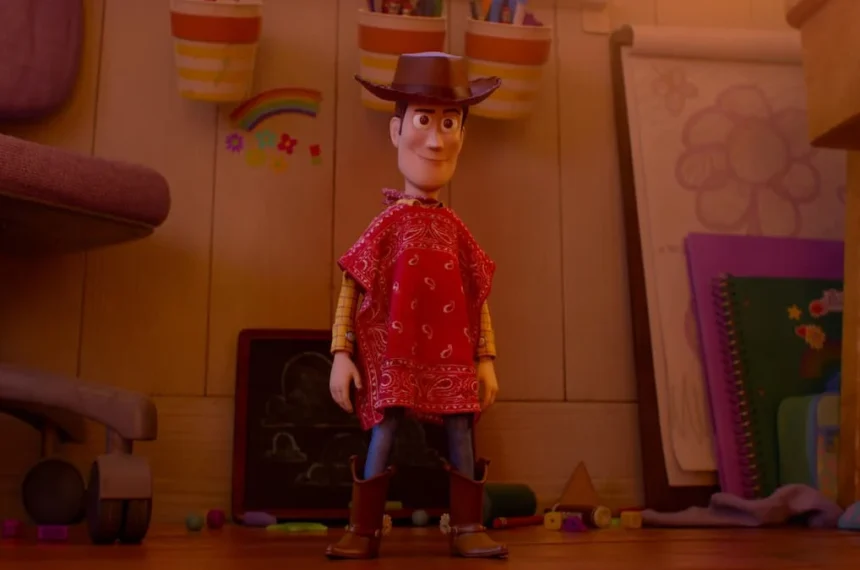 Boneco Woody em pé no chão de um quarto infantil vestindo um poncho vermelho estampado.